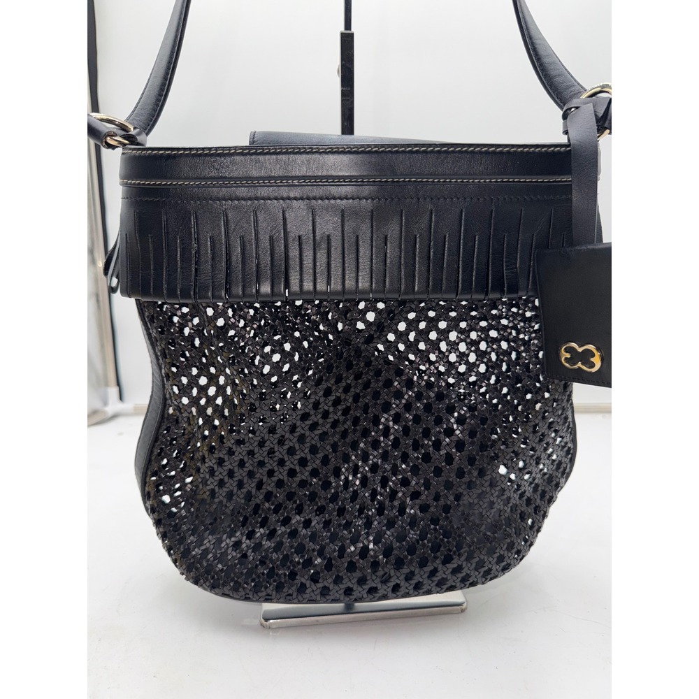 Escada Black Woven Leather Fringe Hobo Shoulder Bag w/ Detachable Pouch Y2K